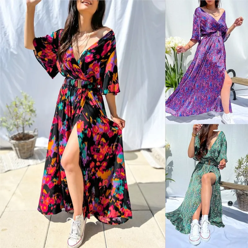 

V-neck Belt Printed Summer Women Casual Short Sleeved Loose Fitting Long Dresses Beach Maxi Vestido Negro Con Abertura En Pierna