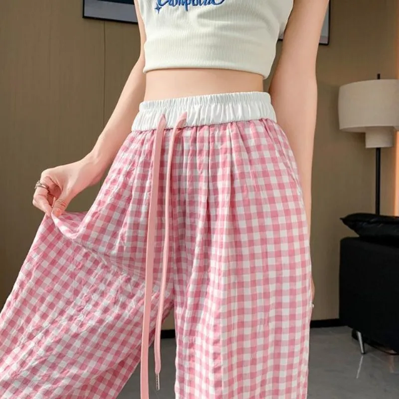 Women Wide Leg Pants Pink Lattice Summer Thin Design Trousers Loose Fitting Leisure Straight Cylinder Sagging Sensation Pants