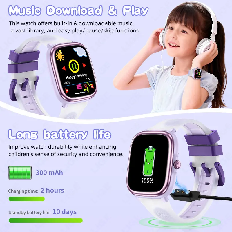 LIGE Children's Study Smart Watch Puzzle Game Pedometer Sports Health Monitor 1.83" Touch Screen Wristwatch Kids Student Gift