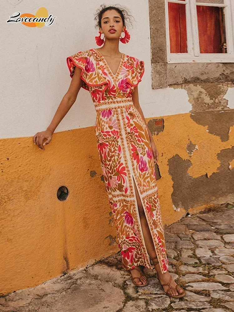Fashion Flying Sleeved Flower Print Split Maxi Dress Women Fashion V Neck  Backless Robes 2024 Summer Chic Female Street Dresses - AliExpress