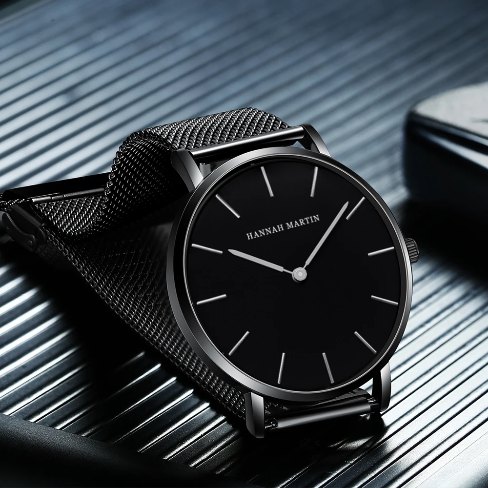 Hannah Martin Mens Business Quartz Watch Japanese Original Movement Stainless Steel Casual Ultra Thin Fashion Silver Black Watch 2