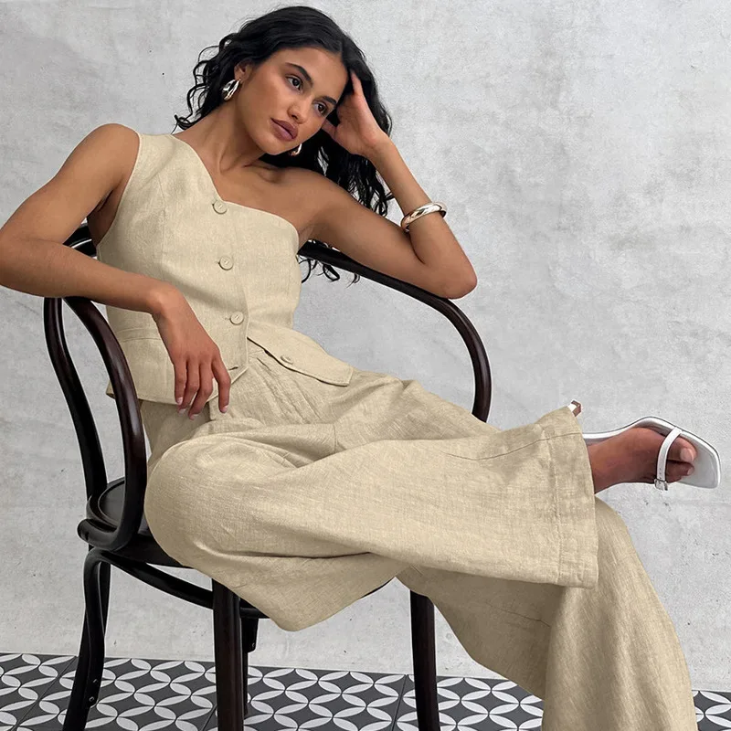 Spring and Summer New Cotton and Linen Sleeveless Waistcoat Irregular Collar Set 2024 Fashion Women's Two-piece Women's Set