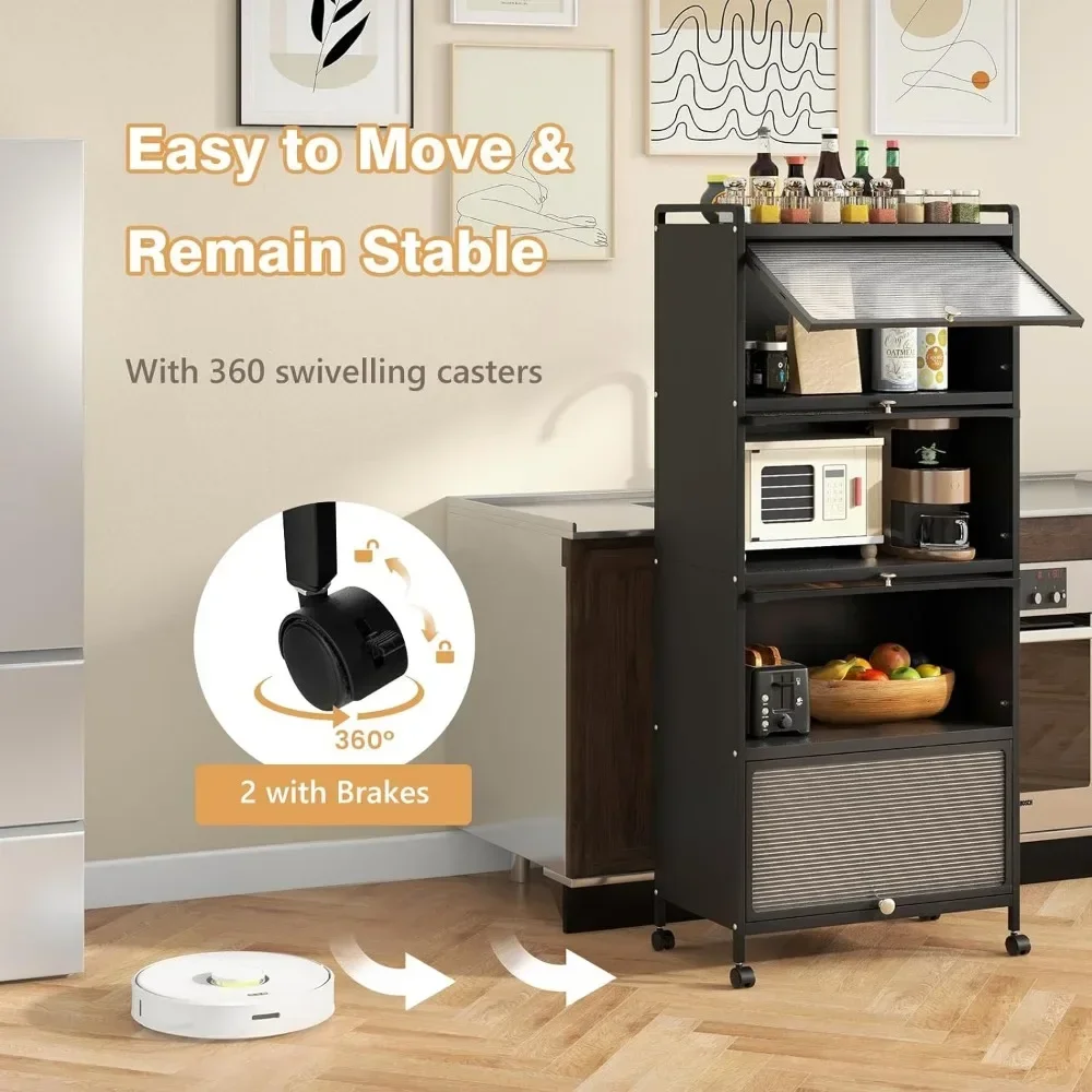 Kitchen 5-Tier Mobile Flip-up Storage Cabinet with 4 Rolling Casters kitchen storage cabinet