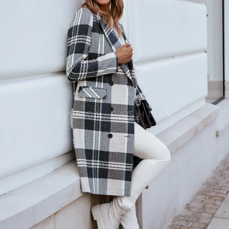 Autumn/winter New 2024Style Simple Plaid Suit Collar Long-sleeved Coat Double-breasted Straight Long Casual Woolen Coat Women