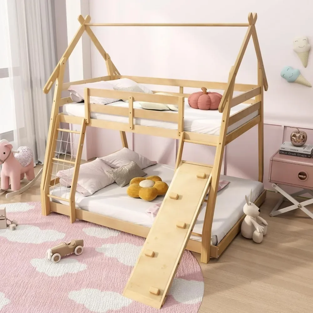 Wood Twin Over Queen House Bunk Bed, Playhouse Floor Low Bunk Bed with Climbing Nets & Ramp,Not Box Spring Required (Natural) 5