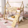 Wood Twin Over Queen House Bunk Bed, Playhouse Floor Low Bunk Bed with Climbing Nets & Ramp,Not Box Spring Required (Natural) 5