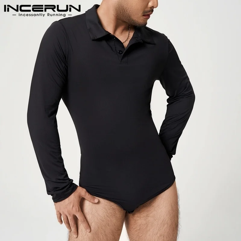 

INCERUN 2023 Men Bodysuit Pajamas Long Sleeve Lapel Button Streetwear Rompers Tops Sexy Solid Color Men's Casual Bodysuits S-5XL