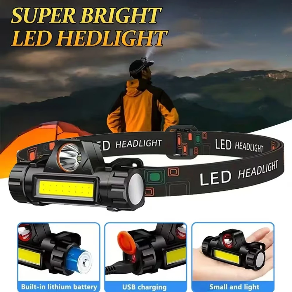 COB LED Headlamp USB Rechargeable Headwear Lamp Outdoor Waterproof Camping Fishing Lantern Powerful Headlight with Tail Magnet