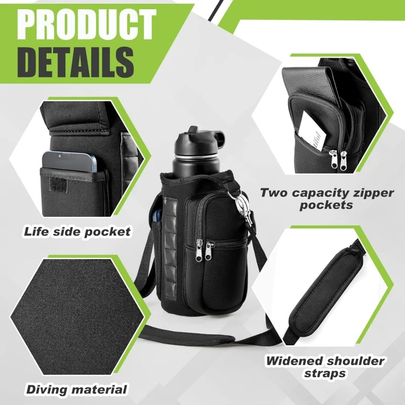 Magnetic Water Bottle Holder Gym Water Bottle Carrier Bag W/ Phone Pocket Handle Shoulder Strap 6 Built-in Magnets Water Bottle 5