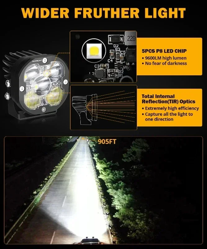 Auxbeam 3인치 80W LED 작업등 3000K 앰버 & 6500K 화이트 스팟/플러드/콤보 안개등 드라이빙 라이트 포드 (DT 하네스 포함) 트럭 오프로드용