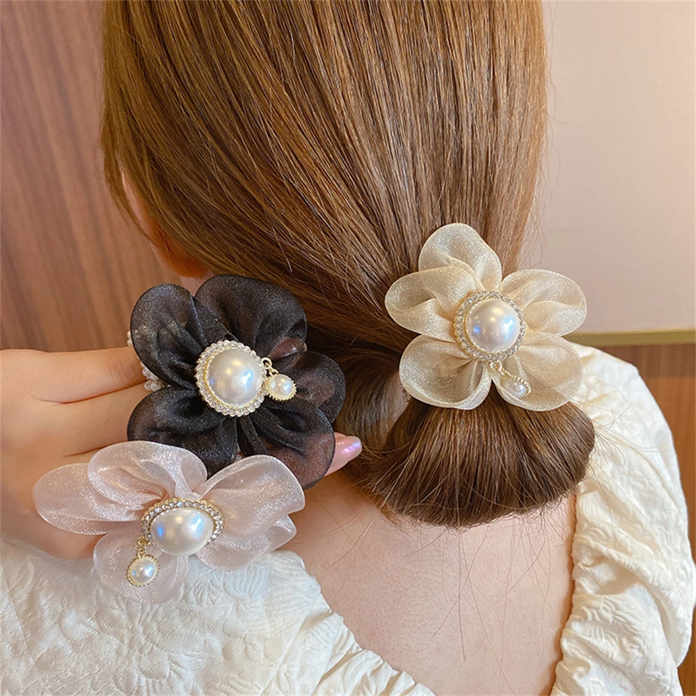 

Organza Pearl Hair Rope Hair Ring Sweet Sun Flower Head Rope For Women Girl Tie Head Rope Rubber Band Hair Accessories