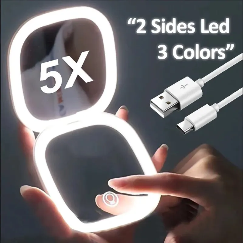 Makeup Mirror Magnifying Mirror Hand Holding Mirror 2 Face Sides Touch Compact Led 3 Colors Mini Foldable Charge With 5X