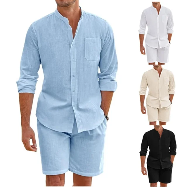 Daily Casual Breathable Cotton Linen Outfits Mens Vintage Stand Collar Button-up Shirts And Shorts Sets For Men Clothing Summer 1