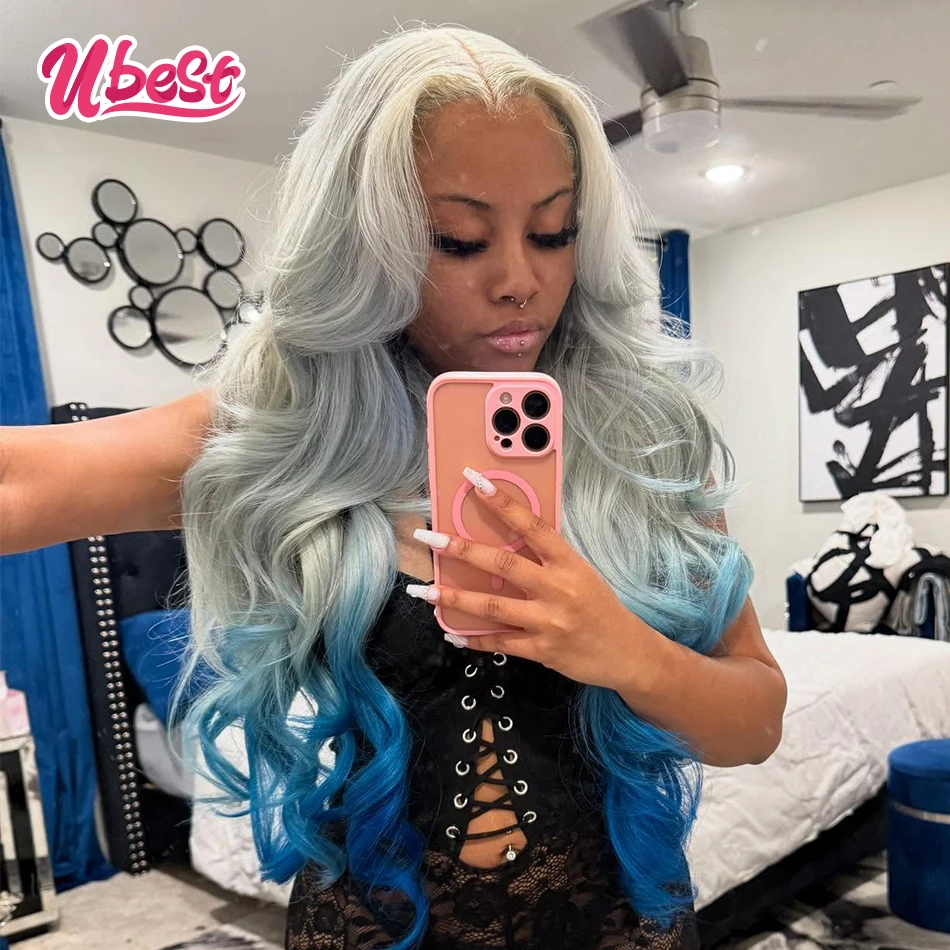 Ombre Silver Gray Blue Colored Body Wave 13x6 13X4 Lace Front Wigs Brazilian 100％ Human Hair Transparent Pre Plucked For Women