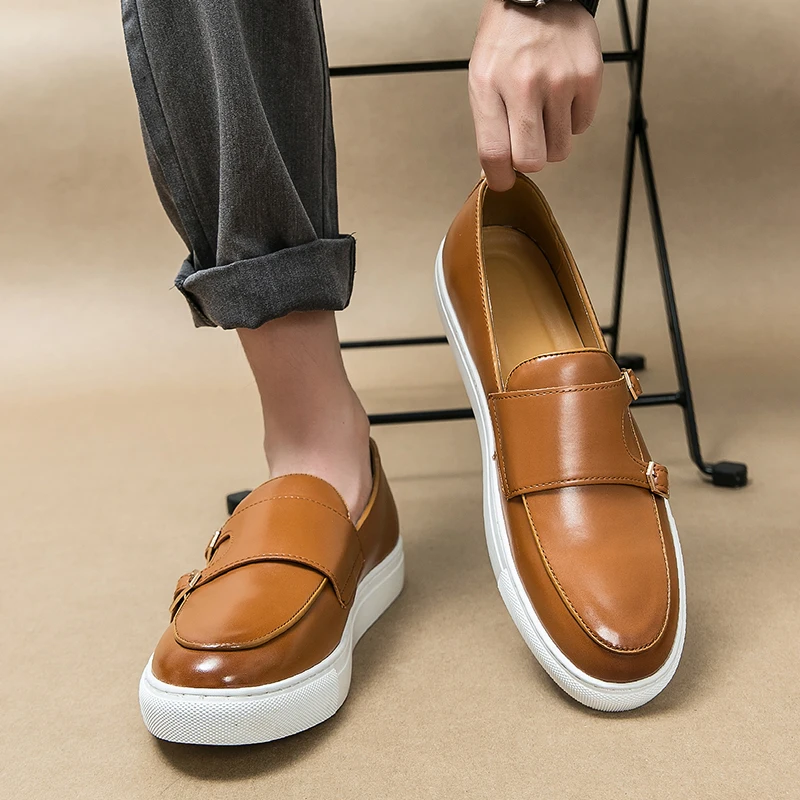 Men Fashion Vulcanized Shoes Black Brown Double Buckle British Leisure Comfort Lefu Sho European Station Walking Shoes Men Shoes