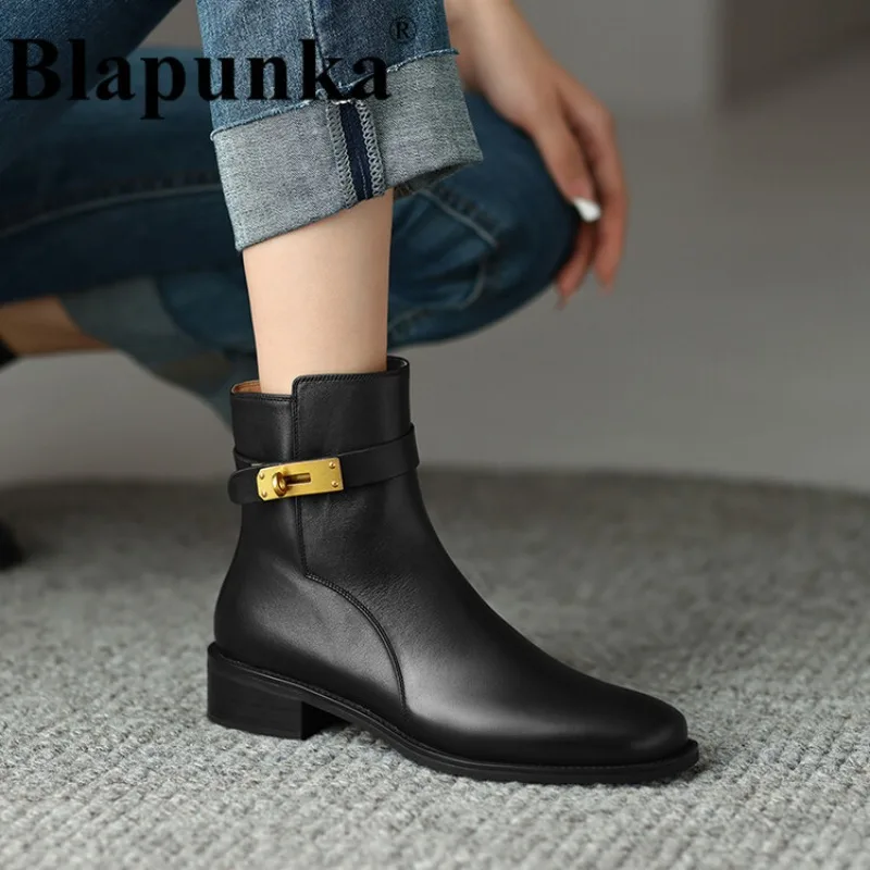 

Blapunka Women Natural Leather Boots Metal Lock Buckle Hand Made Block Heels Ankle Boots Zipper Motorcycle Shoes Retro Female 40
