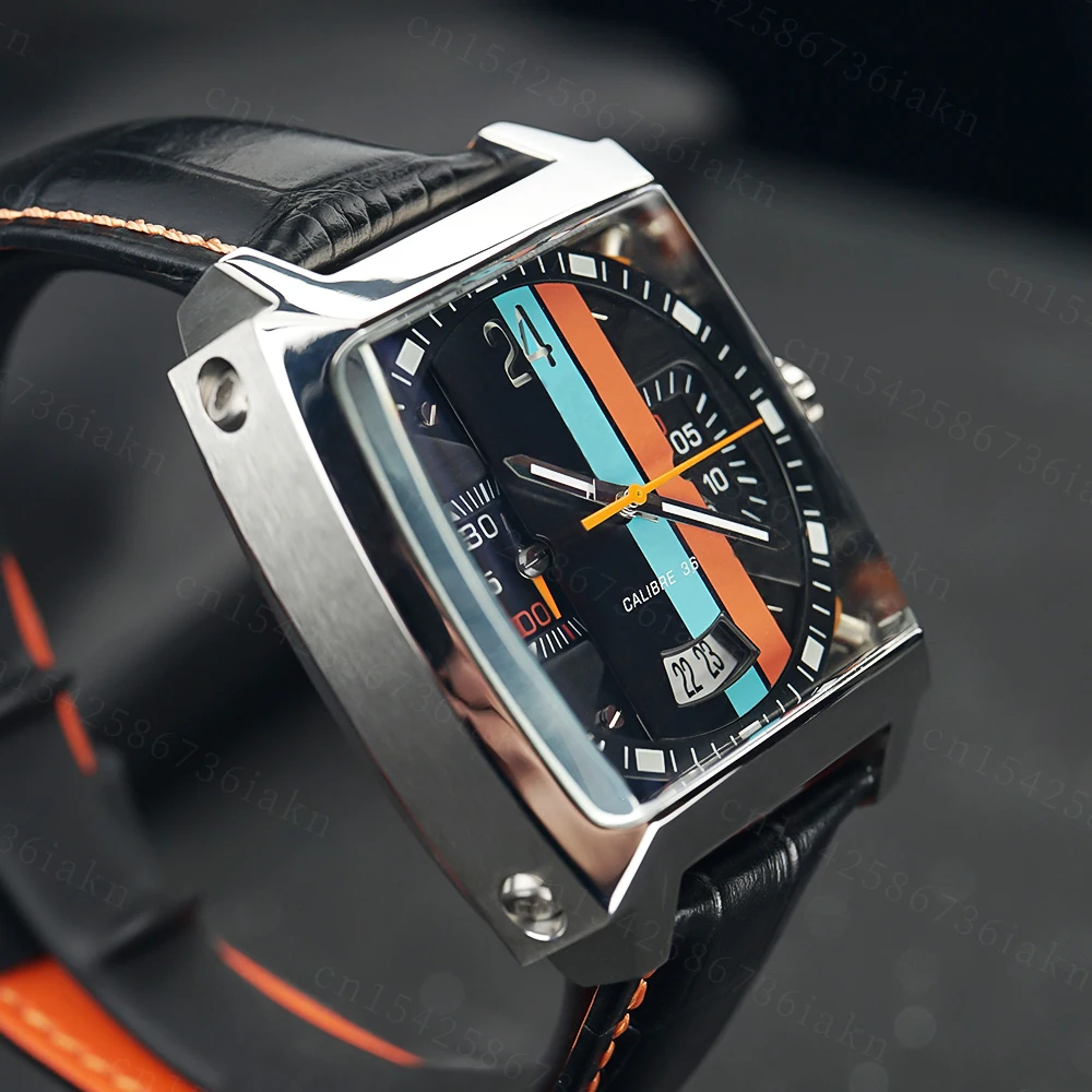 2022Fashion New Men's Color Bar Square Dial Sapphire Mirror Stainless Steel Leather Strap Sports Leisure Waterproof Quartz Watch