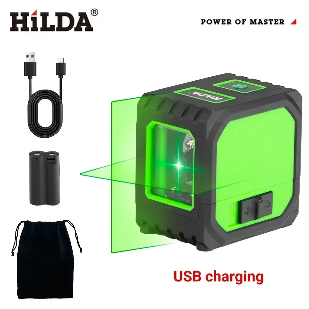 Laser Level HILDA 2 Lines Mini Laser Level Self Levelling Green Beams Laser Horizontal & Vertical Cross-Line USB Charging