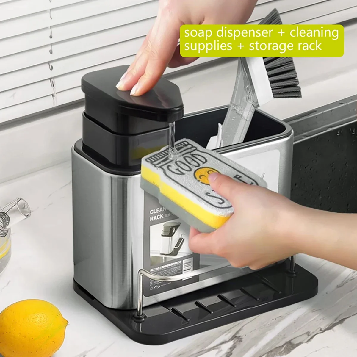 Stainless Steel Kitchen Cleaning Organizer Detergent Dispenser & Sponge Holder Easy to Clean Compact size Fits the sink 3-in-1