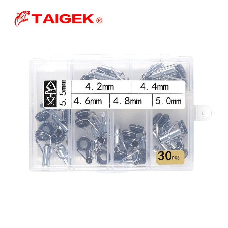 

TAIGEK 30PCS 6 Size 4.2mm-5.5mm Fishing Ceramic Ring Stainless Steel Fishing Rods Tip Tops Rings Rod Guides