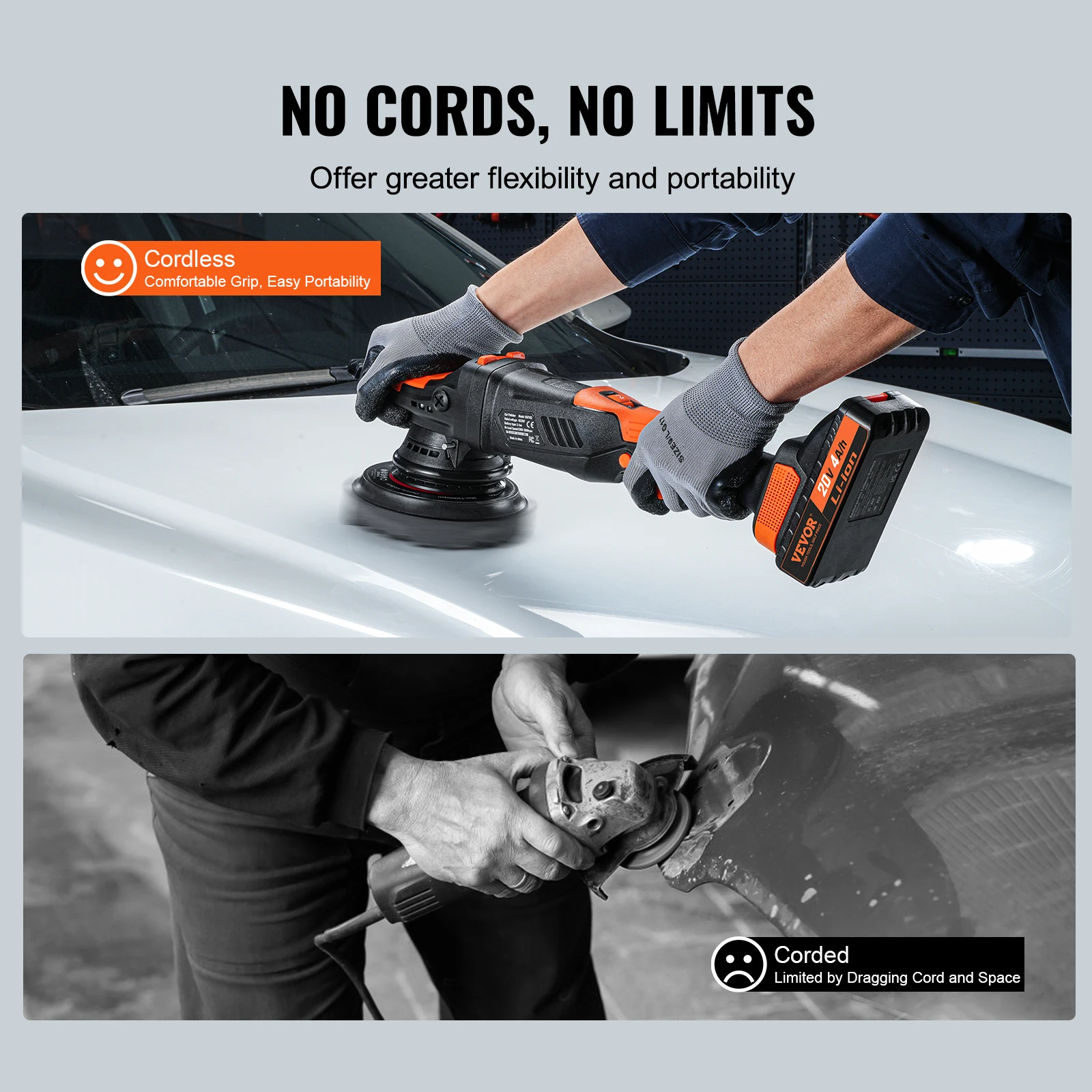 VEVOR 20V Cordless Buffer Polisher Brushless Dual Action Polisher with 4.0Ah Battery Random Orbital Kit for Car Waxing