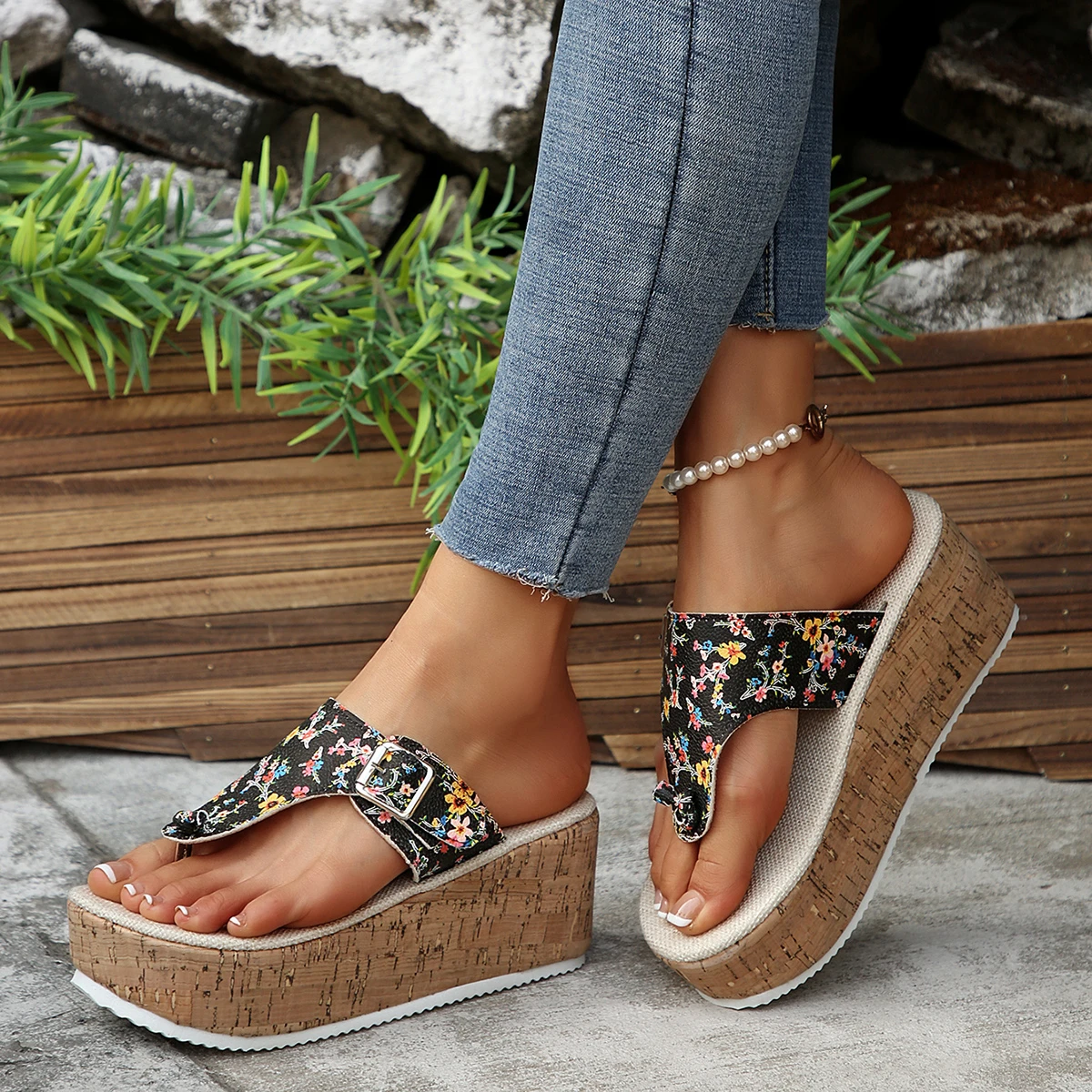 Clip Toe Chunky Platform Sandals Women 2025 Summer Retro Flower Print Wedge Sandals Woman Plus Size 43 Thick Bottom Beach Shoes