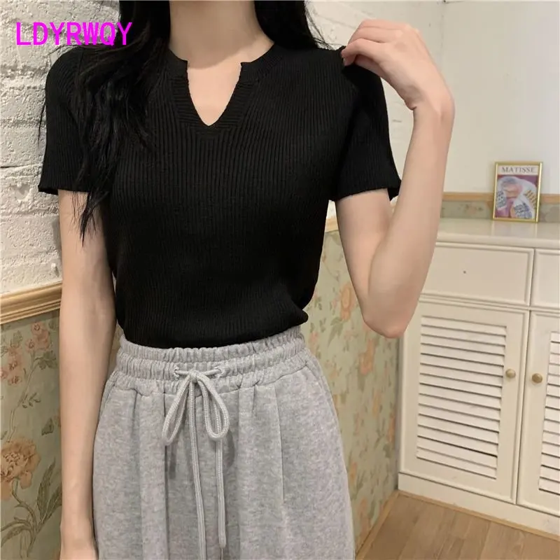 

Текстурированная футболка с коротким рукавом, трикотажная одежда, топ, новинка 2023, Летняя женская одежда