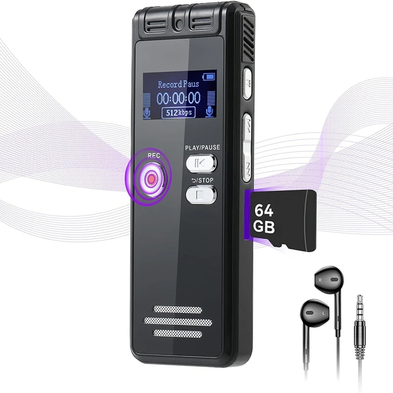 New-64GB Digital Voice Activated Recorder With Playback-3072Kpbs HD Dual MIC Tape Recorder For Interviews/Meeting/Classes