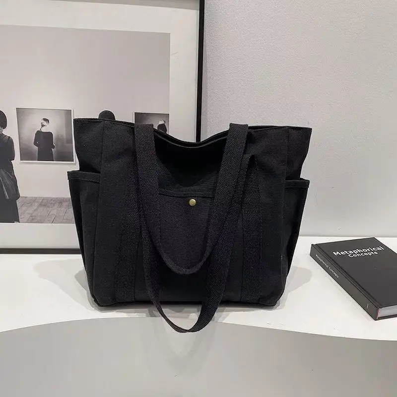 Canvas Women's Large Capacity Multiple Outer Pocket Zipper Shoulder Bag Student Handbag Shopping_voghion.com