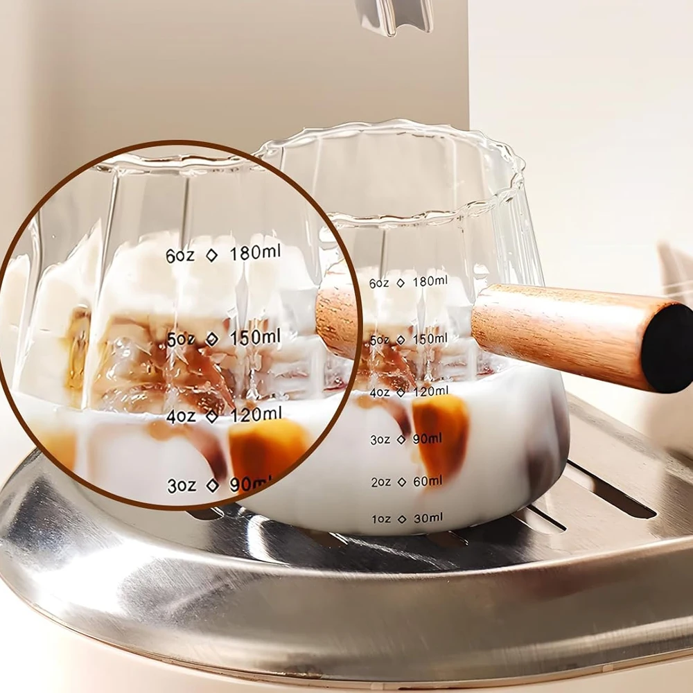 180ML/6 Oz Measuring Cup with Wooden Handle Glass Coffee Extraction Cup with Scale Dishwasher Safe High Temperature Resistant