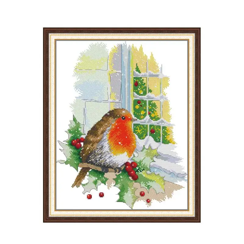 ChristmasRedbirdattheWindowPrintedCrossStitchEmbroideryKitDMC