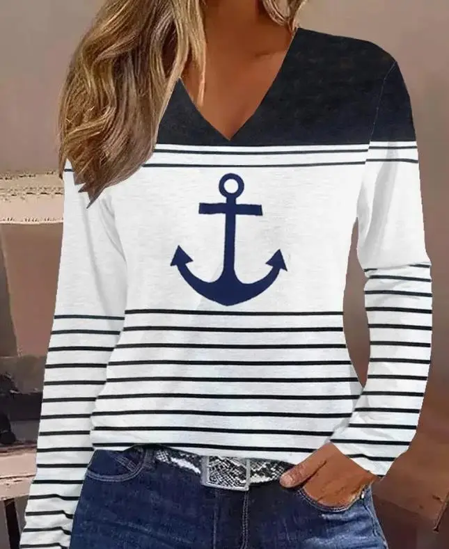 

Woman Anchor Print Striped Casual T-Shirt 2023 Fashion New Women's Clothing Colorblock V-Neck Long Sleeve Top for Ladies