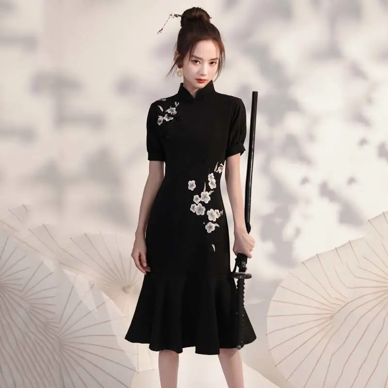 

Fish Tail Cheongsam Young Girl 2023 New Black Short Modified Version Dress Qipao Chi-pao Summer Daily Women's Clothing