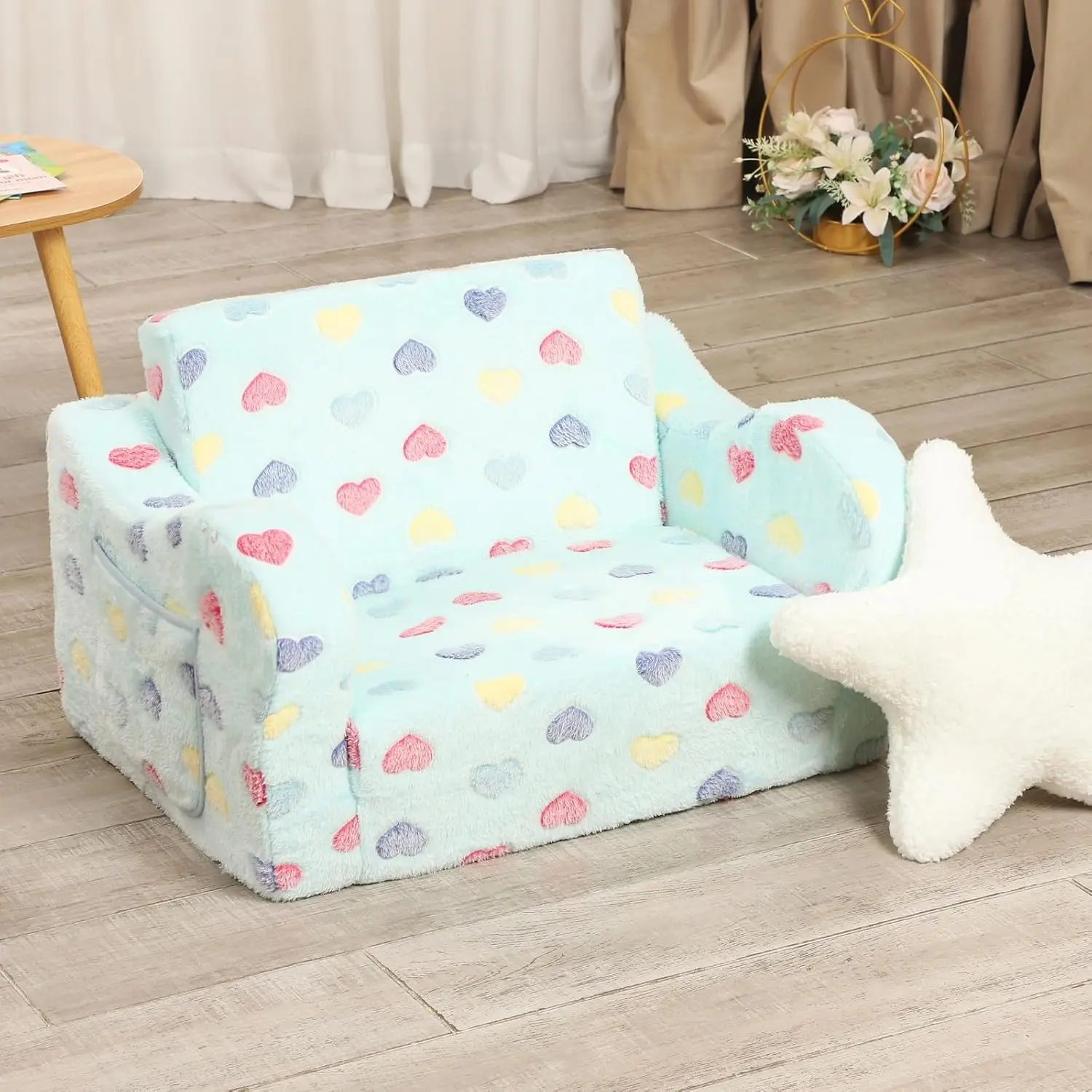 Toddler Couch, 2-in-1 Toddler Soft Couch Fold Out with Star Pillow, Convertible Sofa to Lounger for Girls and Boys 6