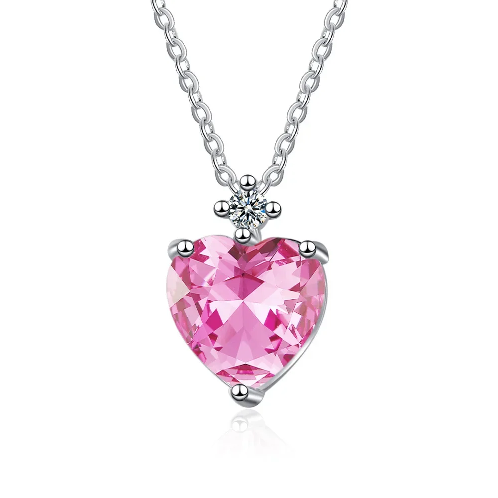 S925 Sterling Silver Diamond Heart-Shaped Pink Pendant Clavicle Chain Necklace (40cm + 5.0cm)