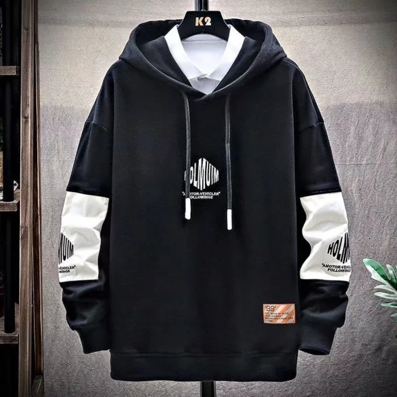 

Male Clothes Black Patchwork Sweatshirt for Men Hoodies Fleeced Hooded Funny Korean Style Overfit Sweat Shirt Welcome Deal Cheap