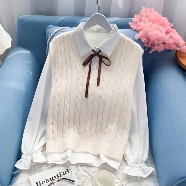 

2023 Sleeveless Sweater Shirts Sets Women Knitted Vest Two Piece Set Long Lantern Sleeve Shirt Womens Blouse Spring Autumn R256