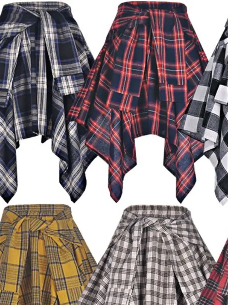 865044-4c8f08.jpg Elastic Waist Plaid Asymmetrical Skirt Women's High Waist Knot Sports Street Dance Sle ort Skirts - Image 1
