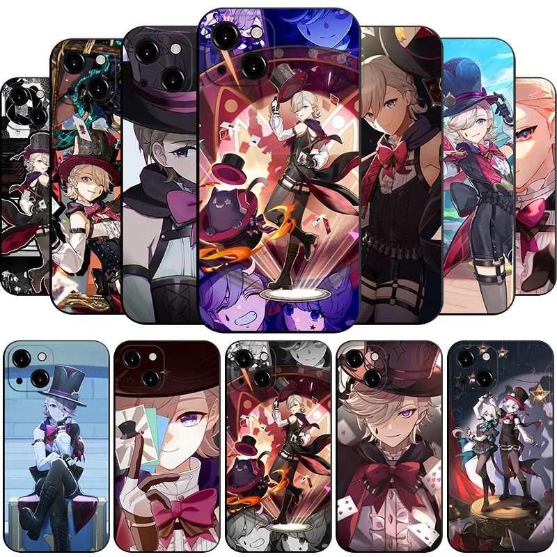 Lyney Fontaine Genshin Impact 4.0 Rick Magician Phone Case, iPhone 14 13 12 11 Pro Max Mini XS X Poly SE3 2 7 8 Plus