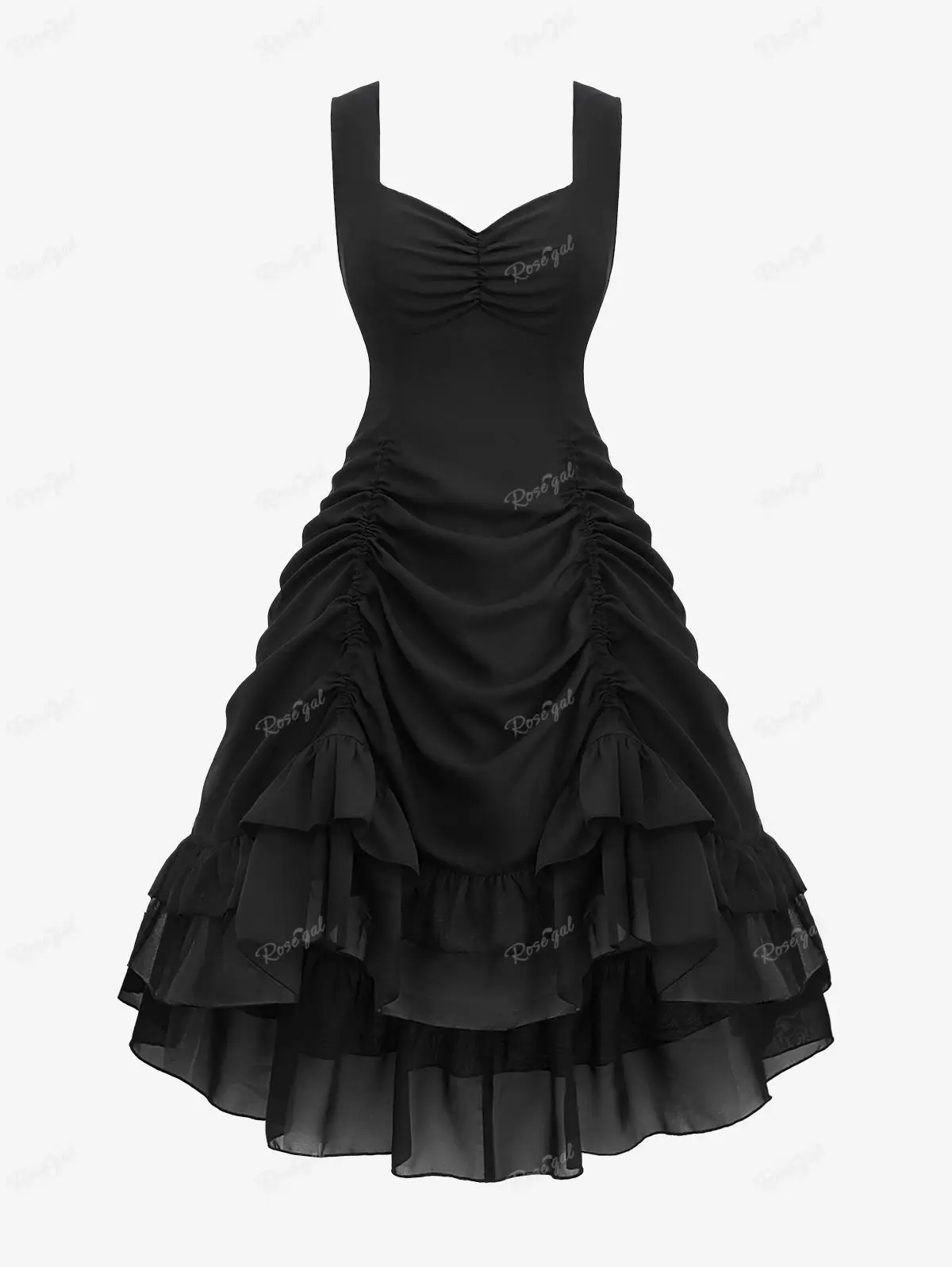 

ROSEGAL Plus Size Women's Dresses Gothic Ruched Layered Ruffles Solid Black Dress Summer Sweetheart Neck Sleeveless Vestidos