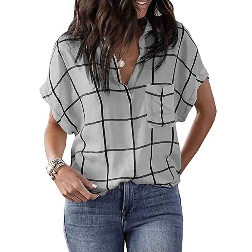 V Neck Women Shirt Short Sleeve Loose Fit Anti-pilling Summer Plaid Print Patch Pocket Casual Shirt Streetwear Женская Рубашка пижама женская рубашка и шорты kaftan ы р 48 50