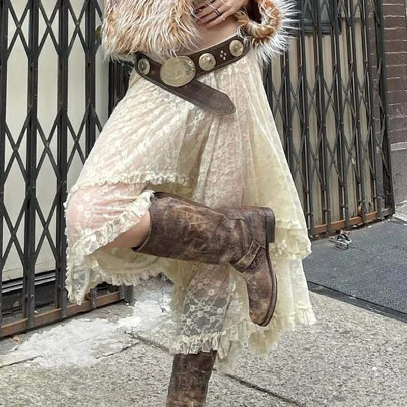 

Двухслойная кружевная Жаккардовая юбка для отпуска, модель 2023 года, летняя пикантная слегка прозрачная однотонная Асимметричная длинная юбка