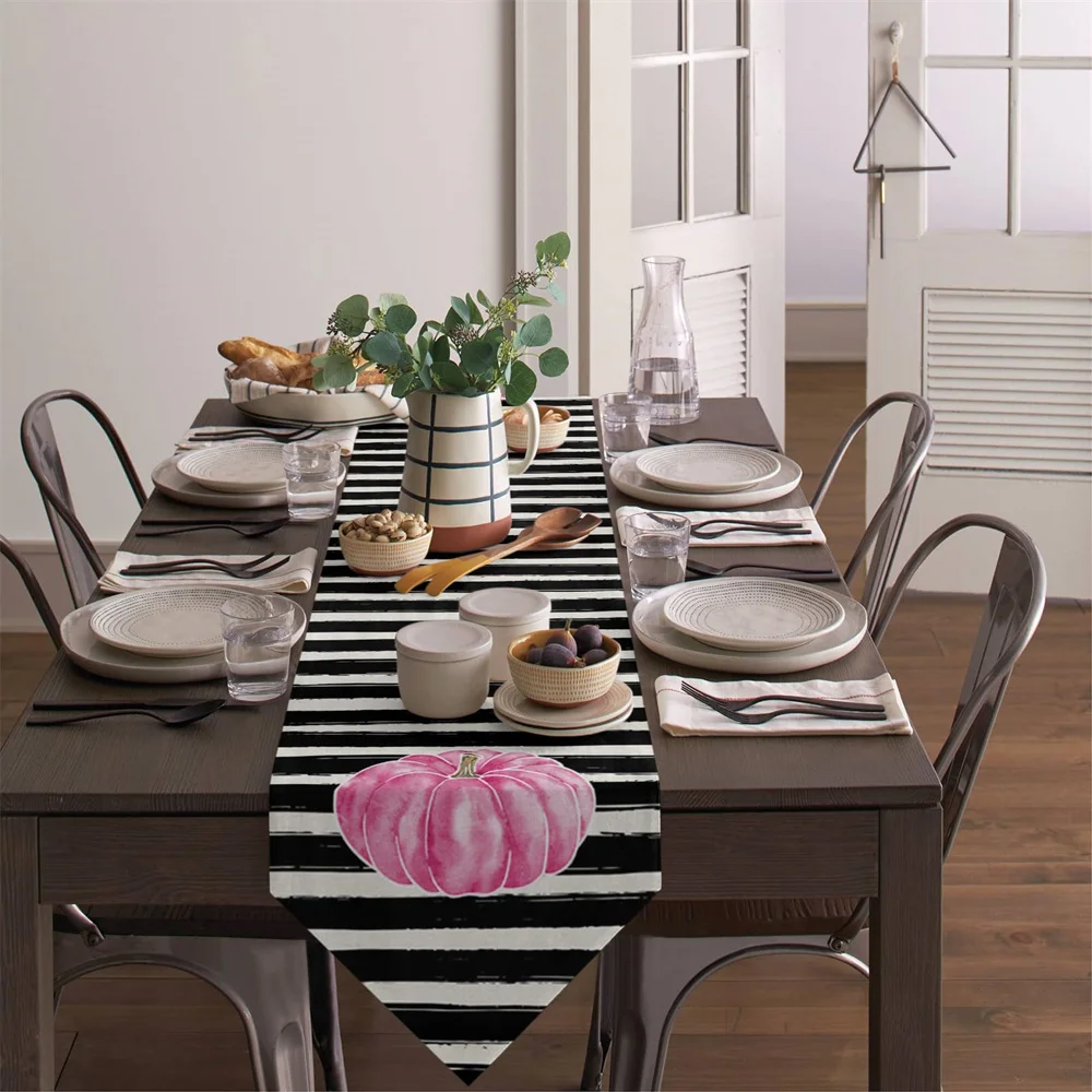 

Thanksgiving Pumpkin Table Flag Black and White Pumpkin Pink pumpkin Table Runner Thanksgiving Fall Harvest Festival table flag