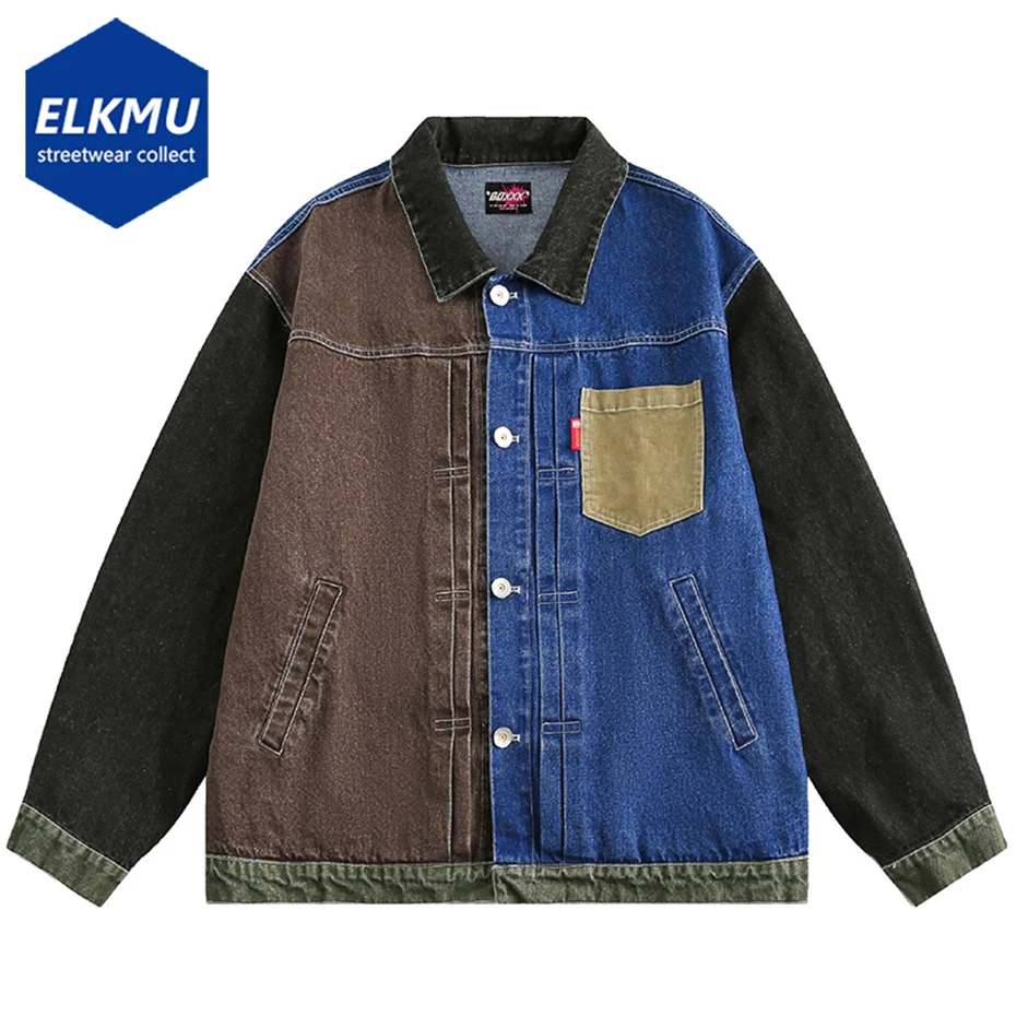 

Color Block Patchwork Vintage Denim Jackets Men Hip Hop Streetwear Jeans Jacket Coat Harajuku Oversized Jacket Outwear