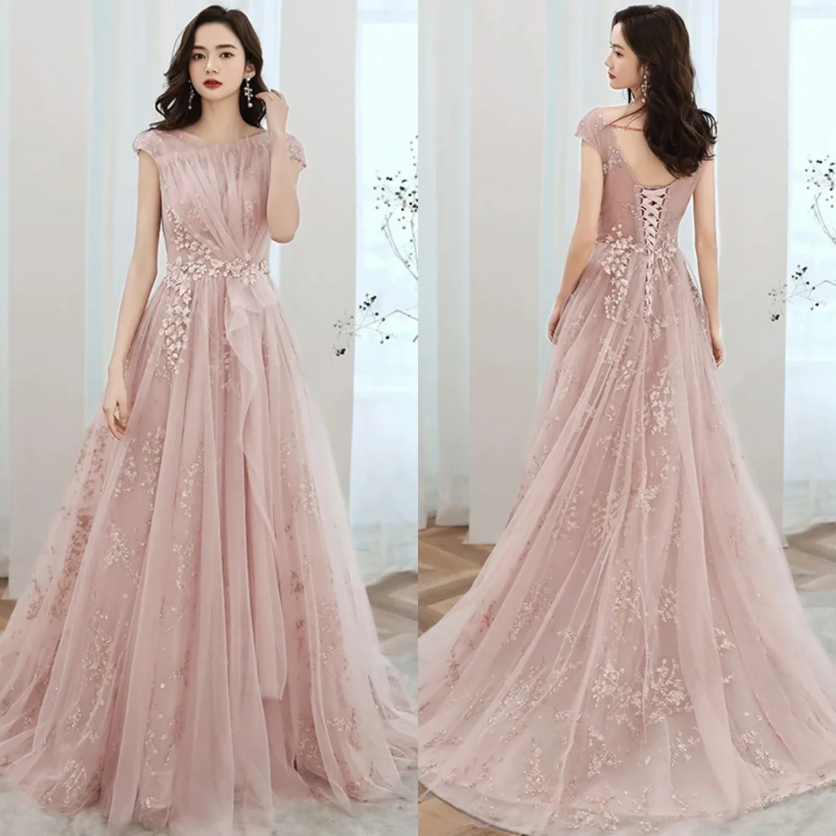 

Evening Dresses Pink Golden Glitters Illusion Pleat O-neck Short Sleeves A-line Floor-length Plus size Women Party Formal Gowns