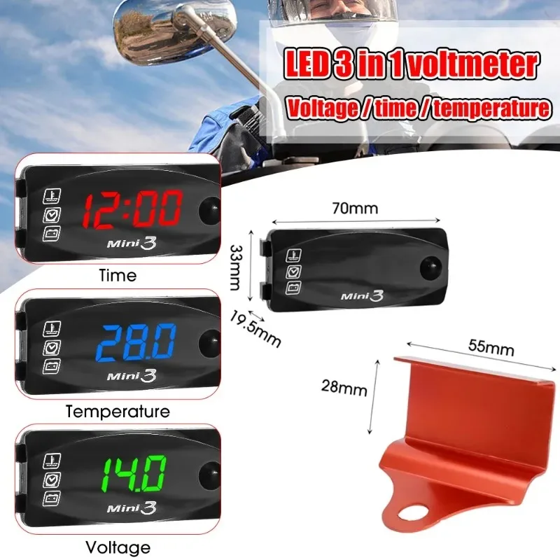 Motorcycle 3 in 1 LED Voltmeter Universal Motorcycle Modification Digital Display Meter IP67 Waterproof Electronic Thermometer
