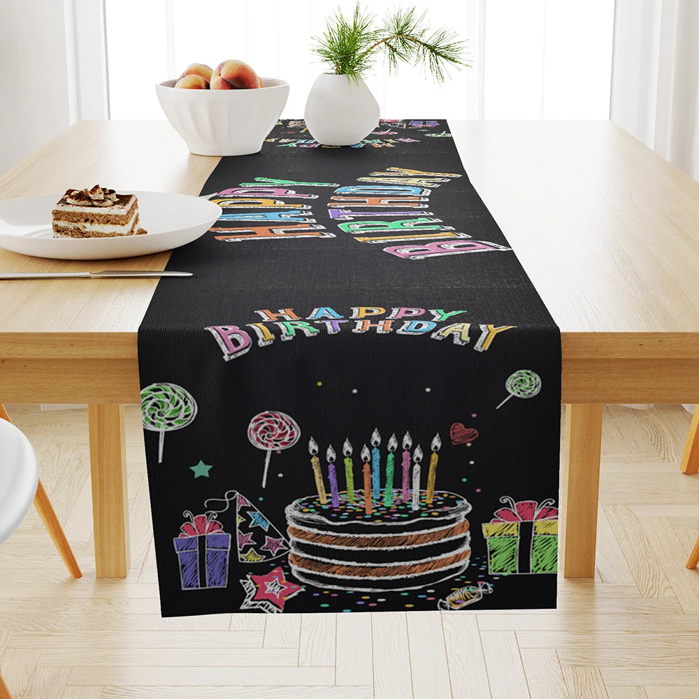 

Happy Birthday Table Runner Birthday Cake Print Kitchen Table Cover for Wedding Dining Decor Party Washable Linen Table Runners