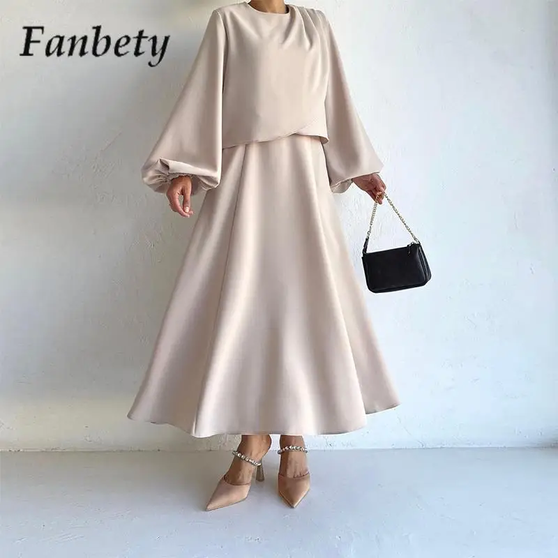 

Stylish Elegant Party Set 2024 Casual O-Neck Puff Sleeve Pullover And Long Dress Set Ladies Commuter Solid Color Two-Piece Set