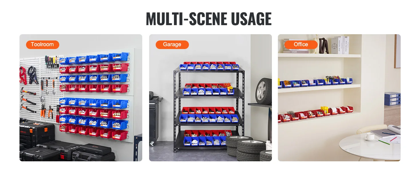 Storage bins filled with screws and tools in a workshop setting