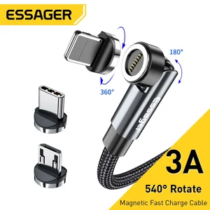 Магнитный кабель Essager с поворотом на 540 градусов, 3 А, кабель Micro USB Type-C для быстрой зарядки iPhone, Xiaomi, магнитное зарядное устройство, провод для передачи данных телефона, шнур